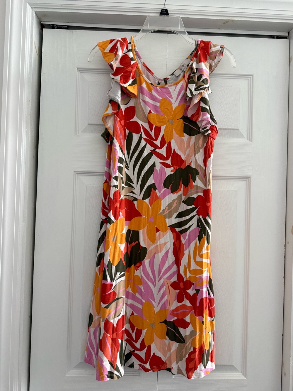 LOFT Floral Ruffle Sleeve Midi Dress - Red, Yellow, Pink, Green